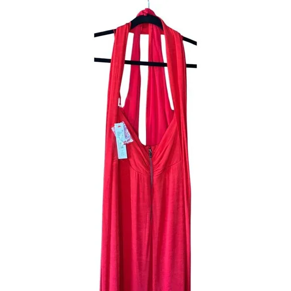 Alice + Olivia Reese New Ruby Red Gown – Size 6 – Deep V, Scarf Neck, Slit, Form - Picture 7 of 8